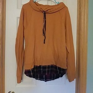 Marigold and plaid cowl neck sweater